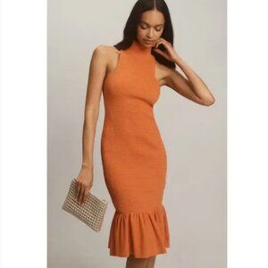 NWT Anthropologie Sleeveless Mock-Neck Textured Midi Dress Orange Red Women's L